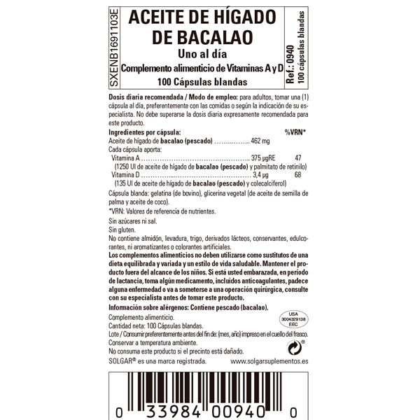 SOLGAR ACEITE HIGADO BACALAO (100 CÁPSULAS BLANDAS)