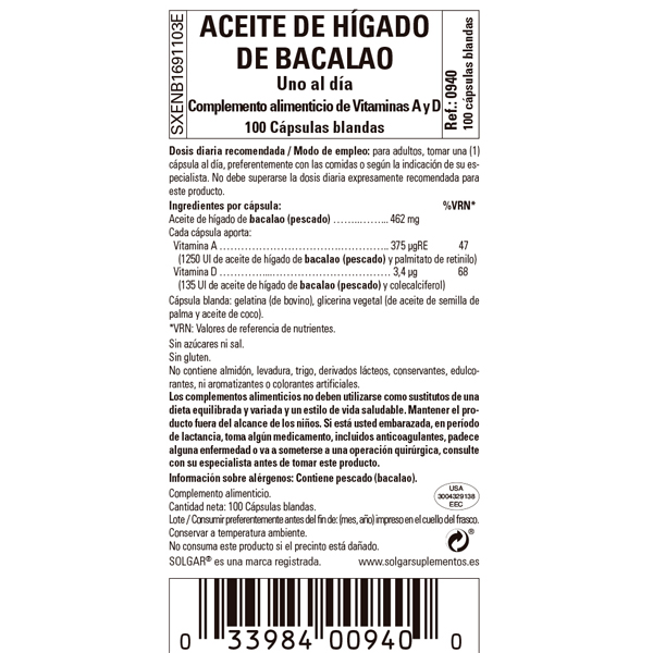 Comprar SOLGAR Aceite de Hígado Bacalao Noruego (100 CÁPSULAS BLANDAS) a  precio online