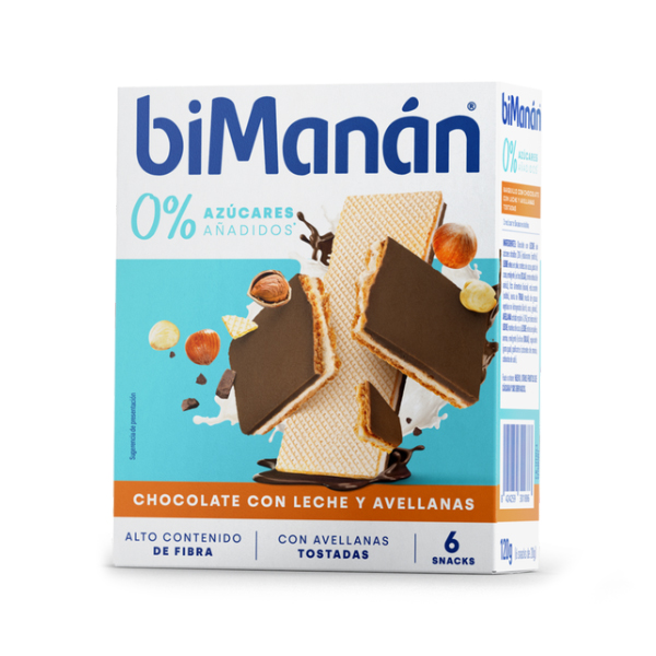 BIMANAN BARQUILLO DE CHOCOLATE CON LECHE Y AVELLANA 0% AZUCARES  (6 SNACKS)