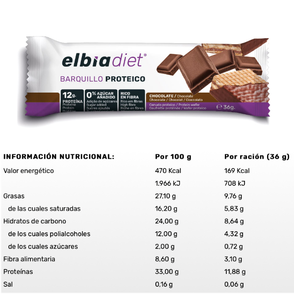 ELBIA BARQUILLO PROTEICO CHOCOLATE (36G x 24 UNIDADES)