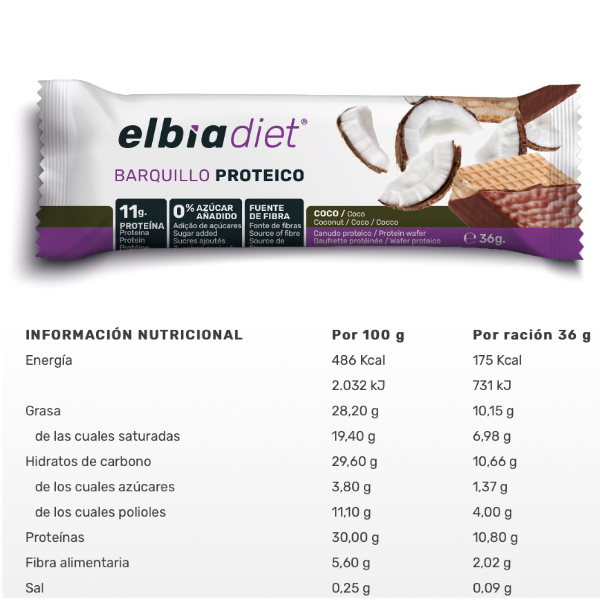ELBIA BARQUILLO PROTEICO COCO (36G x 24 UNIDADES)