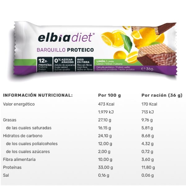 ELBIA BARQUILLO PROTEICO LIMON (36G x 24 UNIDADES)