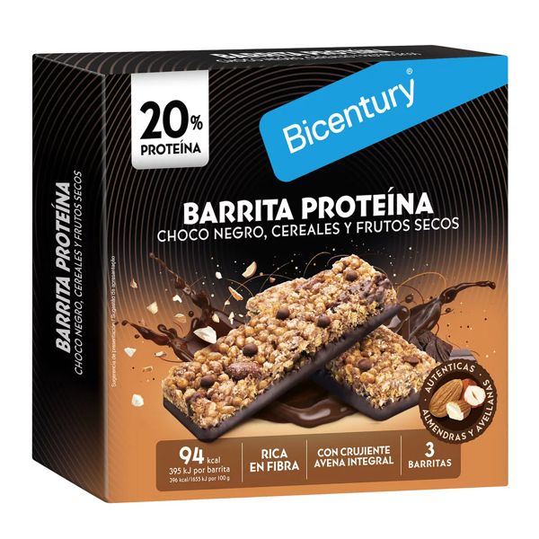 BICENTURY BARRITA PROTEICA CHOCOLATE NEGRO CEREALES Y FRUTOS SECOS (3 UNIDADES)