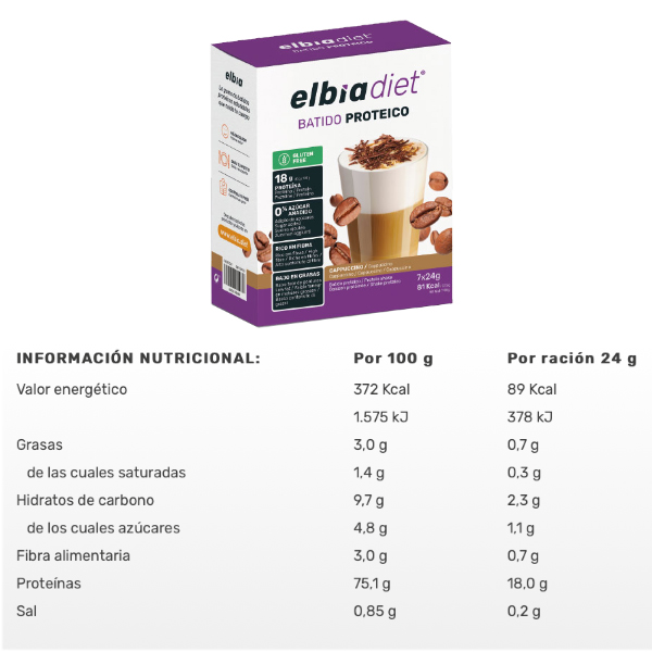 ELBIA BATIDO PROTEICO CAPUCCINO (7 SOBRES x 24G)