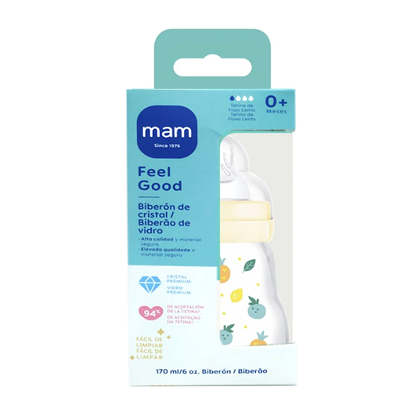 MAM BABY BIBERÓN FEEL GOOD CRISTAL TETINA PLANA +0M FRUTAS (170ML)
