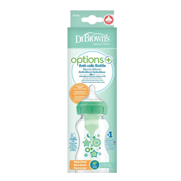 DR. BROWN´S BIBERÓN OPTIONS+ BOCA ANCHA VERDE ESTRELLAS (270ml)