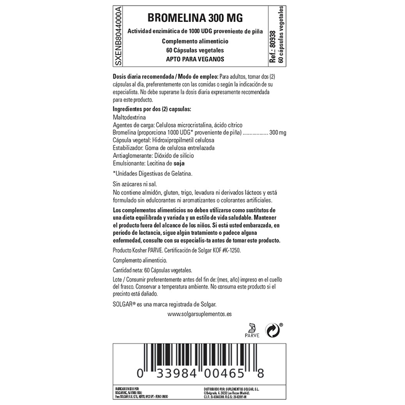 SOLGAR Bromelina 300 mg (60 cápsulas vegetales)