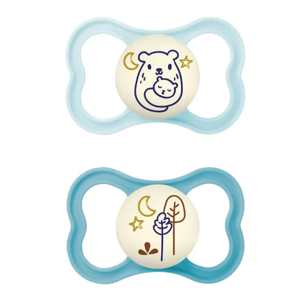 MAM BABY CHUPETE AIR SILICONA NIGHT ANIMAL 16M+ AZUL (2UDS)
