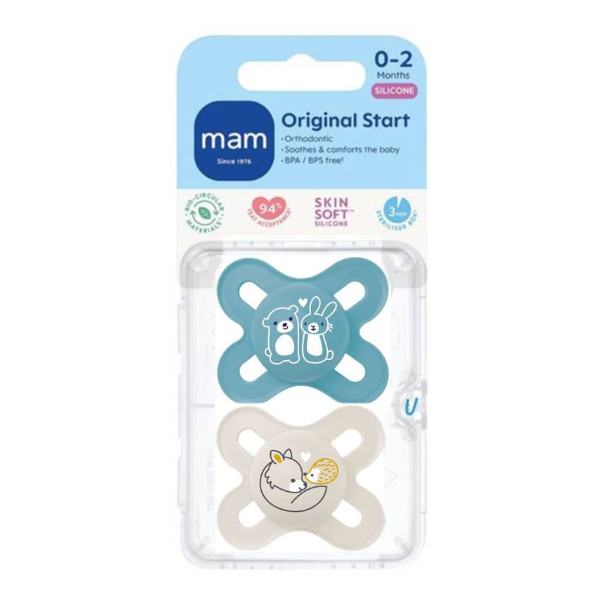 MAM BABY CHUPETE ORIGINAL START MATT SILICONA 0-2M AZUL (2 UNIDADES)