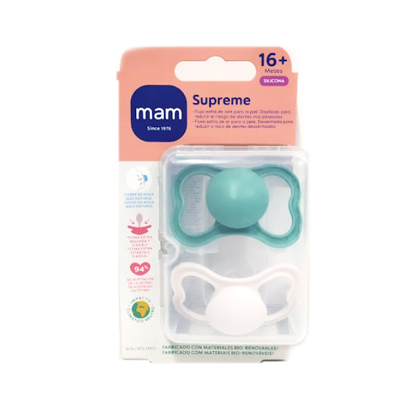 MAM BABY CHUPETE SUPREME CON TETINA DE SILICONA +16M NEUTRO-VERDE (2 UNIDADES)