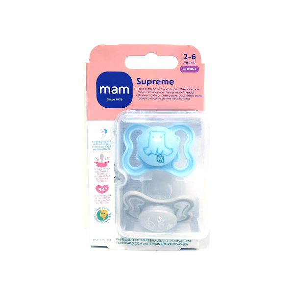 MAM BABY CHUPETE SUPREME CON TETINA DE SILICONA 2-6M AZUL (2 UNIDADES)