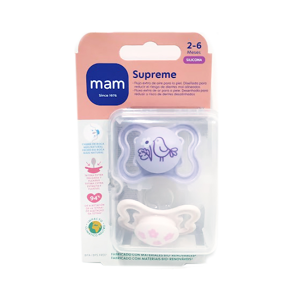 MAM BABY CHUPETE SUPREME CON TETINA DE SILICONA 2-6M COLOR ROSA BRILLANTE (2 UNIDADES)