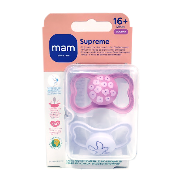 MAM BABY CHUPETE SUPREME SILICONA +16M ROSA (2 UNIDADES)
