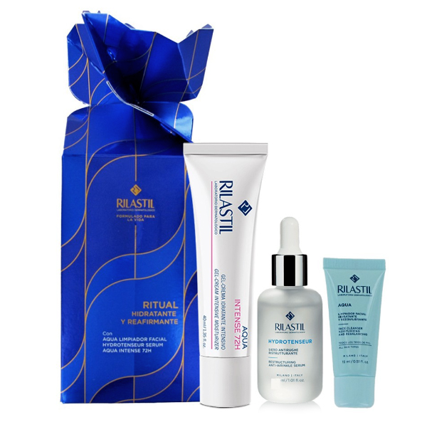 RILASTIL COFRE AQUA INTENSE 72H HIDRATANTE INTENSIVO (40ML) +AQUA LIMPIADOR FACIAL (15ML)+ HYDROTENSEUR SERUM (15ML) REGALO! CARAMELO AZUL