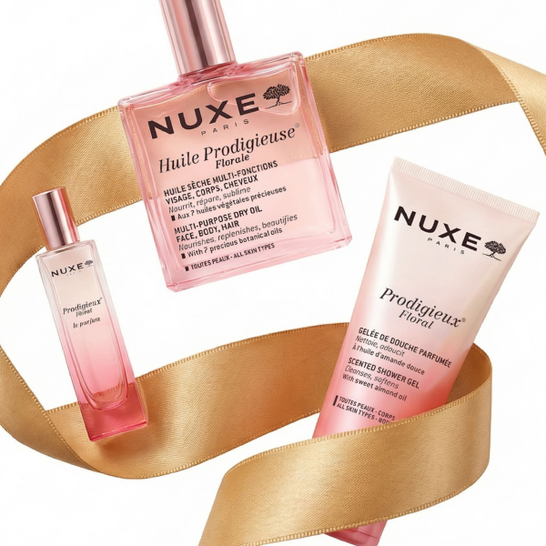 NUXE COFRE COLECCION PRODIGIEUX FLORAL ACEITE (100ML) + LE PERFUM (15ML) +GEL DUCHA (100ML)+ BOLSO DORADO REGALO!