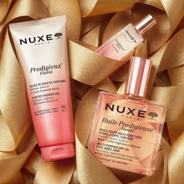 NUXE COFRE COLECCION PRODIGIEUX FLORAL ACEITE (100ML) + LE PERFUM (15ML) +GEL DUCHA (100ML)+ BOLSO DORADO REGALO!