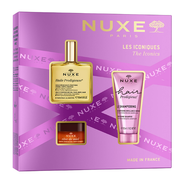 NUXE COFRE LOS ICONICOS PRODIGIEUX HUILE (50ML) + CHAMPÚ (50ML) + BÁLSAMO LABIAL REVE MIEL (15G)