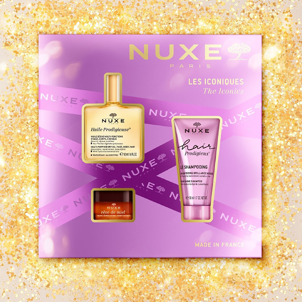 NUXE COFRE LOS ICONICOS PRODIGIEUX HUILE (50ML) + CHAMPÚ (50ML) + BÁLSAMO LABIAL REVE MIEL (15G)