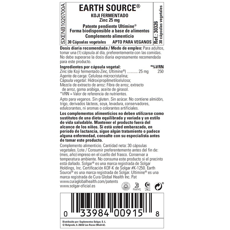 SOLGAR Earth Source Koji Zinc 25 mg (30 Cápsulas vegetales)