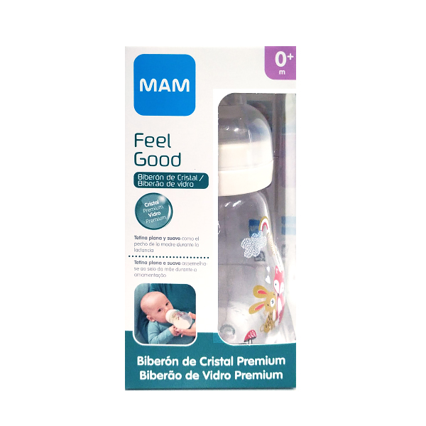 MAM BABY FEEL GOOD BIBERÓN CRISTAL TETINA PLANA COLOR BLANCO +0M (170ML)