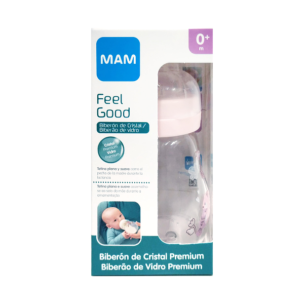 MAM BABY FEEL GOOD BIBERÓN CRISTAL TETINA PLANA COLOR ROSA +0M (170ML)