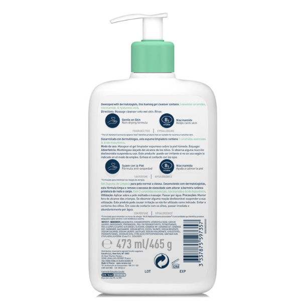CERAVE GEL LIMPIADOR ESPUMOSO LIMPIAR Y ELIMINAR EXCESO DE GRASA  CUERPO Y ROSTRO (473ML)	