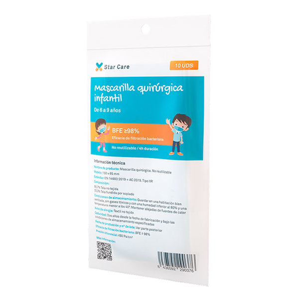 Star Care Mascarilla Quirúrgica Infantil tipo IIR un sólo USO (10 MASCARILLAS)