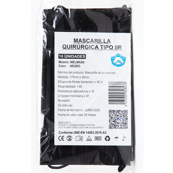 - MASCARILLA QUIRÚRGICA Tipo IIR UN SÓLO USO GOMA COLOR NEGRO (50unidades)