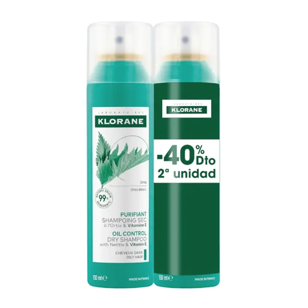 KLORANE PACK CHAMPÚ SECO SEBORREGULADOR ORTIGA (2 UNIDADES x 150ml)	