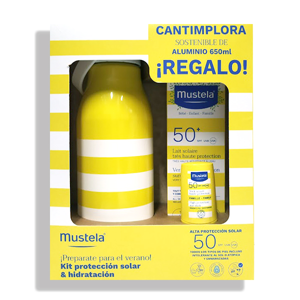 MUSTELA PACK PROTECCION SOLAR & HIDRATACIÓN + LECHE SOLAR SPF50 (40ML) + STICK SOLAR SPF50 (10G) + CANTIMPLORA ALUMINIO (650ML) REGALO!