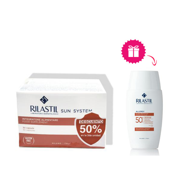 RILASTIL PACK SUN SYSTEM COMPLEMENTO ORAL ANTIOXIDANTE  (30 CÁPSULAS X 2 UNIDADES) + REGALO: SUN SYSTEM ALLERGY 100 SPF50+ (50ML)