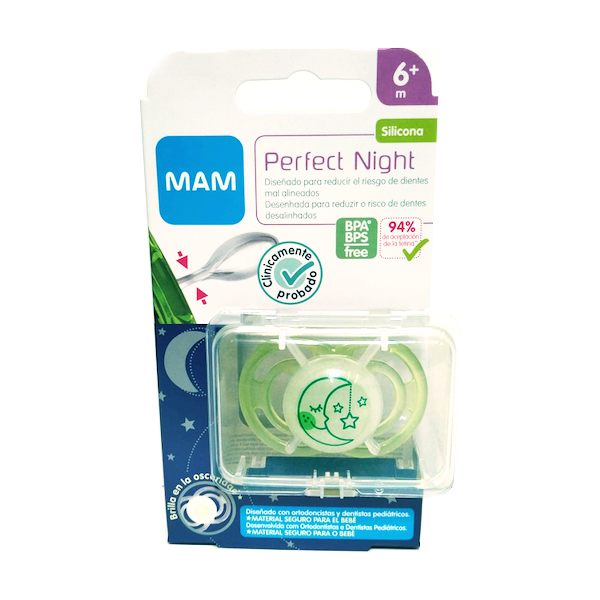 MAM BABY CHUPETE PERFECT NIGHT SILICONA +6M VERDE (1 UNIDAD)
