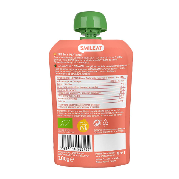 SMILEAT POUCH FRESA Y PLATANO 100% ECO (100G)