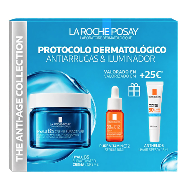 LA ROCHE POSAY PROTOCOLO ANTIARRUGAS & ILUMINADOR HYALU B5 SURACTIVATED CREMA (50ML) + PURE VIT.SERUM (10ML) + ANTHELIOS UVAir SPF50+ (15ML) REGALO!