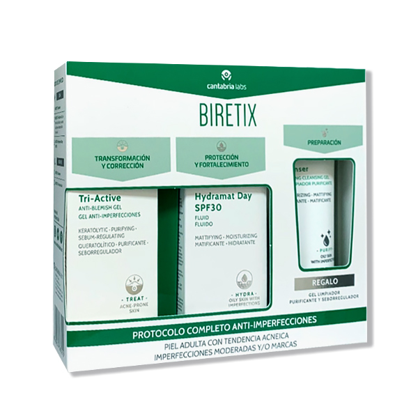 CANTABRIA LABS PROTOCOLO BIRETIX TRI-ACTIVE GEL + HYDRAMAT DAY SPF30+ CLEANSER GEL de REGALO!