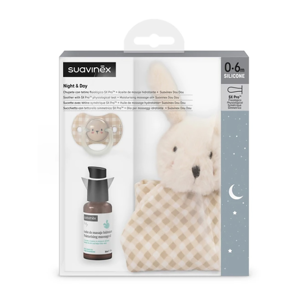 SUAVINEX SET NIGHT & DAY DOUDOU +ACEITE MASAJE + CHUPETE SX PRO BRILLA OSCURIDAD