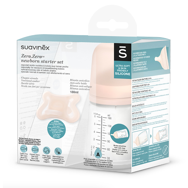 SUAVINEX SET ZERO ZERO BIBERON +0M (180ml) + CHUPETE XP PRO SILICONA +0M +BOLSA