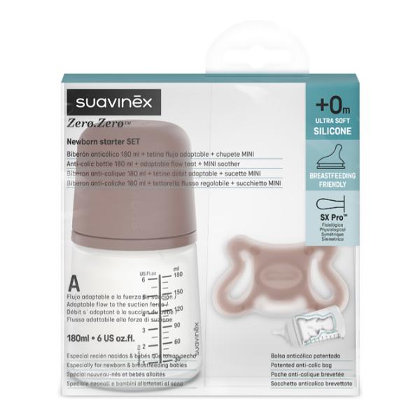 SUAVINEX SET ZERO ZERO BIBERÓN (180ML) + CHUPETE -2-2M (COLOR DEEP)