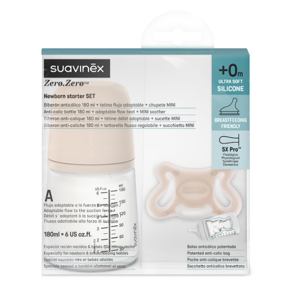 SUAVINEX SET ZERO ZERO BIBERÓN (180ML) + CHUPETE -2-2M (COLOR LIGHT)