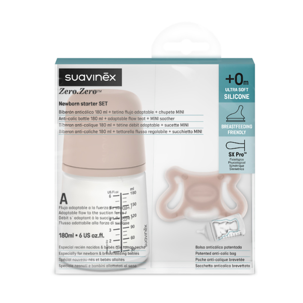 SUAVINEX SET ZERO ZERO BIBERÓN (180ML) + CHUPETE -2-2M (COLOR MEDIO)