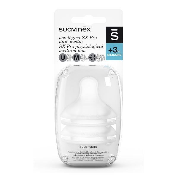 SUAVINEX TETINA FISIOLOGICA SILICONA SX PRO FLUJO M +3M (2 UNIDADES)