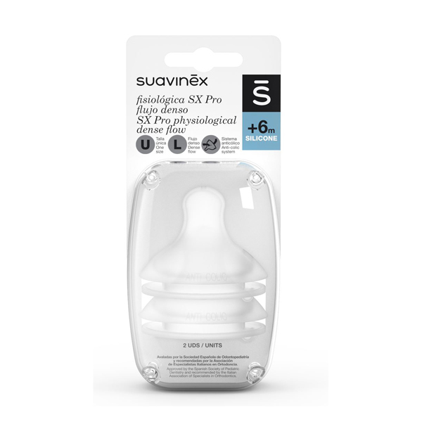 SUAVINEX TETINA SX PRO SILICONA FISIOLOGICA FLUJO L +6M (2 UNIDADES)
