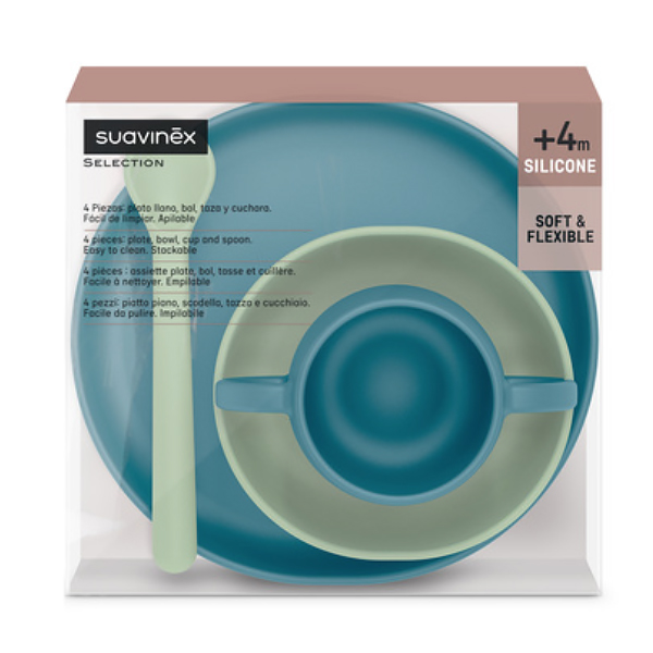 SUAVINEX VAJILLA INFANTIL SILICONA VENTOSA COLOR AZUL-VERDE (4 PIEZAS)