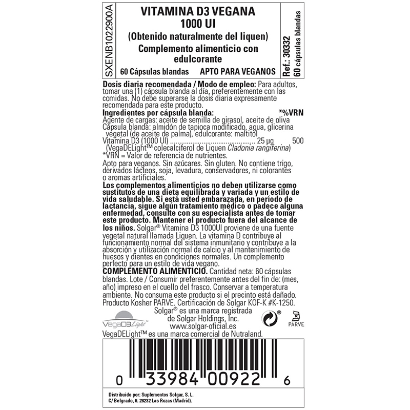 SOLGAR Vitamina D3 Vegana 1000 UI  (60 cápsulas blandas)