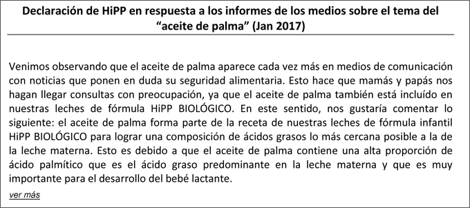 declaración hipp combiotik leche infantil aceite de palma